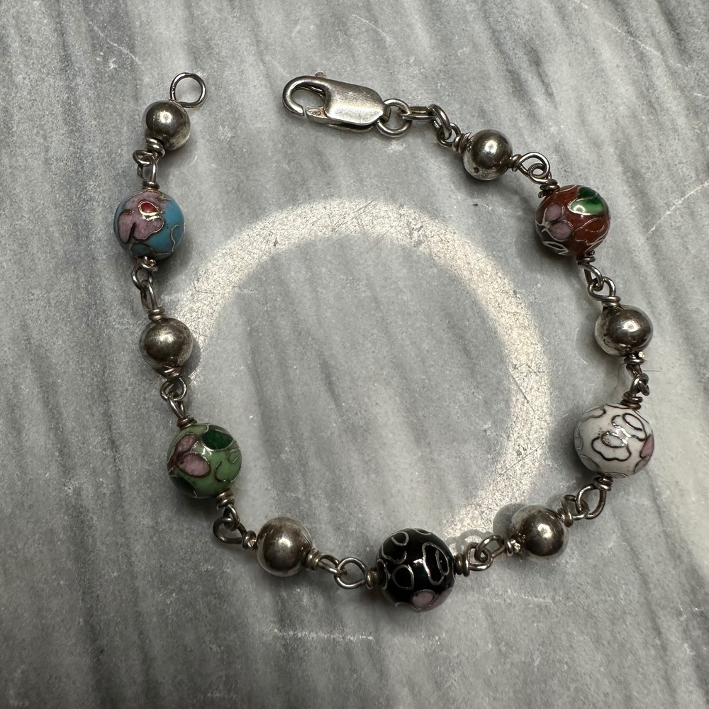 VTG Italy 925 Sterling Silver Cloisonne‎ Enamel Floral Bead Link Bracelet 7.25"